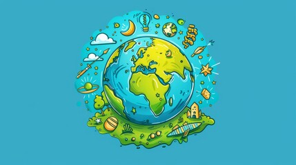 Naklejka premium 3D Vibrant Earth Day Globe Surrounded by Eco-Friendly Elements on Fresh Background