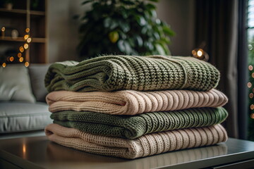 Knitted textured clothing stack on table on blurred living room background .Beige green winter warm clothes. Copy space
