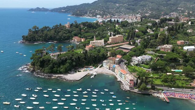 Italy , Liguria , Rapallo , drone aerial view of San Michele di Pagana Beach close to Santa Margherita and Portofino near Genoa . The amazing mediterranean costline in Tigullio gulf natural park    