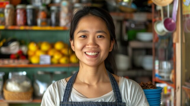 A portrait of a smiling Asian female shopkeeper, captured in a bustling market setting. She is wearing a white shirt and blue denim apron, suggesting a sense of warmth and professionalism
