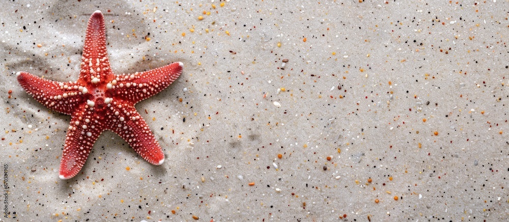 Poster Red starfish on sandy beach with ample copy space image for summer backdrop.