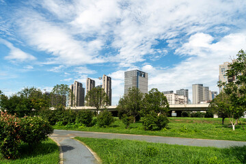 Obraz premium city park with modern building background in shanghai