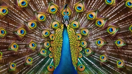 Obraz premium A vibrant peacock struts its feathers, the iridescent display of colors dazzling in the sunlight.