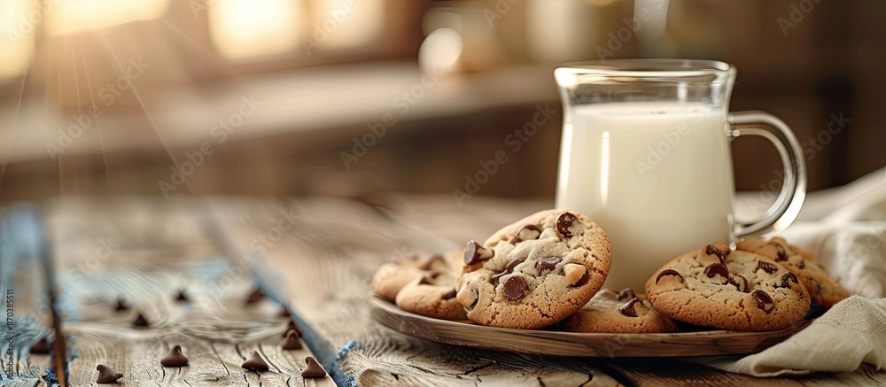 Aufkleber farm-fresh cow's milk served with cookies in a delightful snack arrangement on a tabletop with a bac