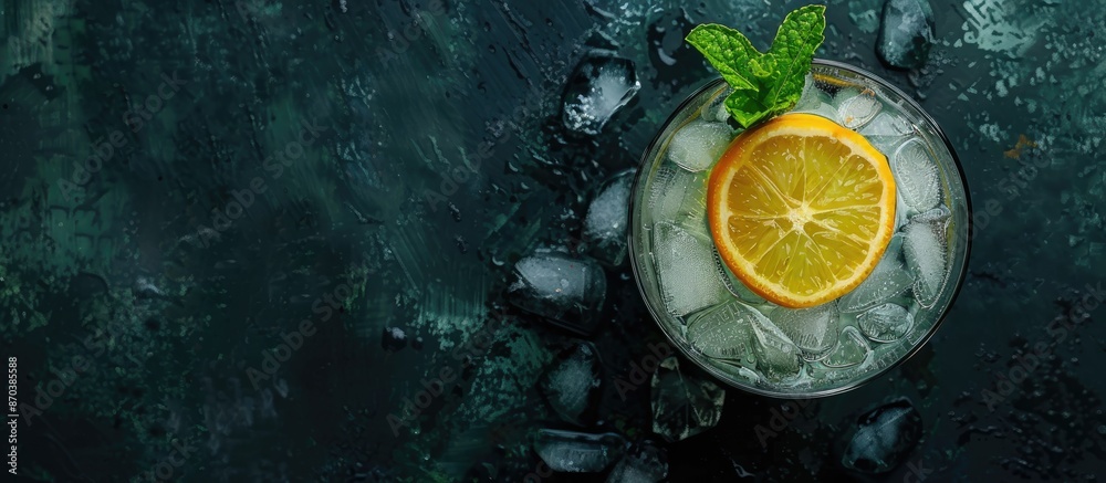 Poster top view of a homemade drink with a lemon and mint, displayed against a copy space image.