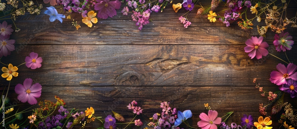 Poster An enchanting frame crafted from colorful flowers against a rustic wooden backdrop, ideal for a copy space image.