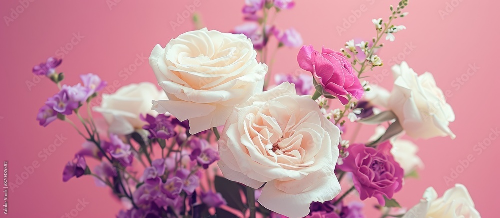 Sticker Greeting card featuring a bunch of cream roses and vivid purple flowers in full bloom on a pink backdrop, adorned with a flare, providing copy space image.