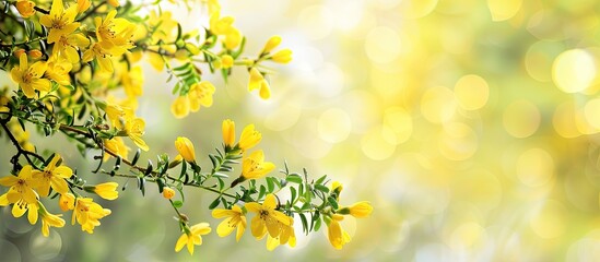 Blooming yellow scotch broom branches in a park setting, creating a spring background with a copy space image.