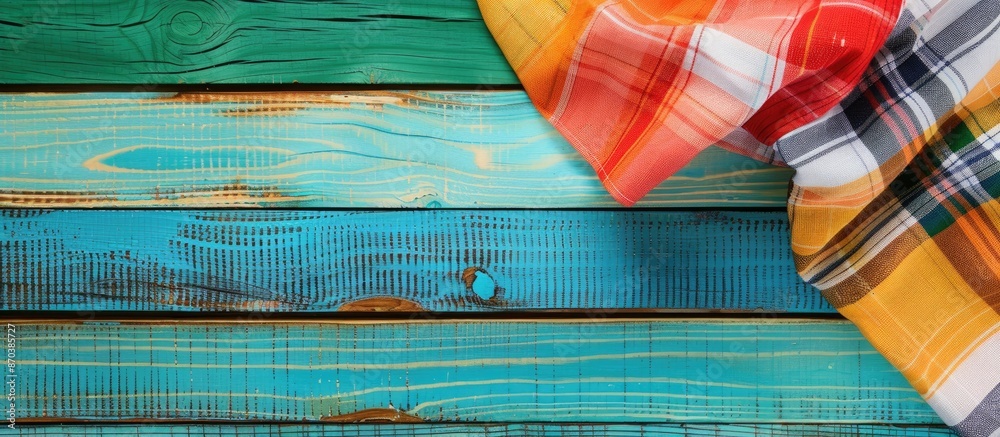 Poster checkered tablecloth set on a colorful wooden table background in a top-down view, with copy space i
