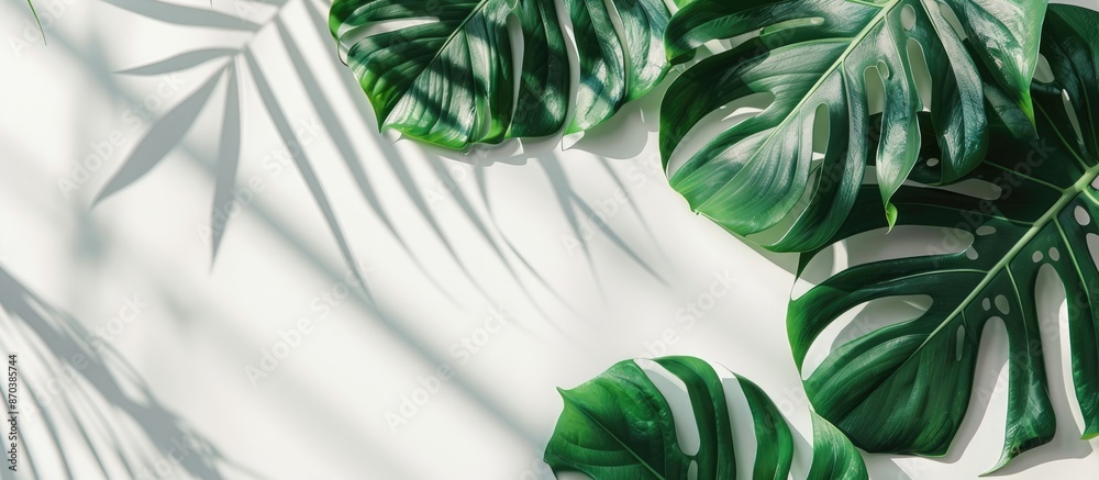 Poster Tropical monstera leaf arrangement framed in white against a light grey backdrop in a studio copy space image. Ample room for adding text.