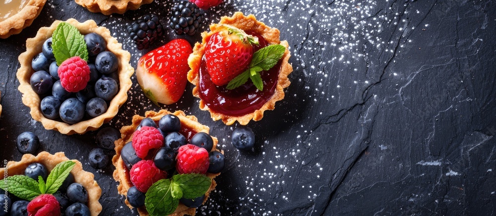 Poster delicious tartlets in a mix of flavors with copy space image.