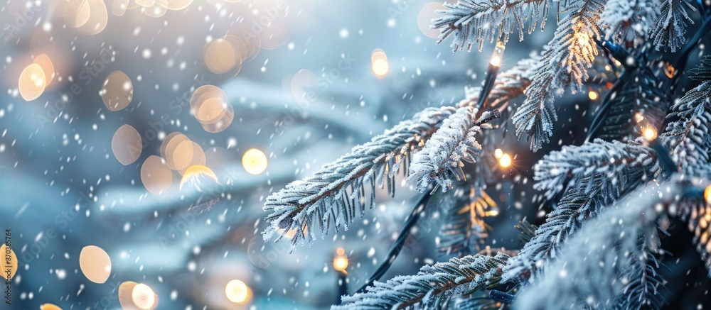 Poster Close-up image of snowy coniferous branches adorned with lights, creating a winter Christmas abstract background ideal for use as a copy space image.