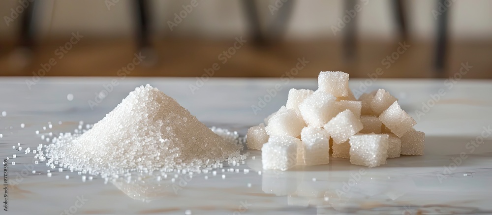 Poster two piles of sugar - granulated and cubes, with copy space image.
