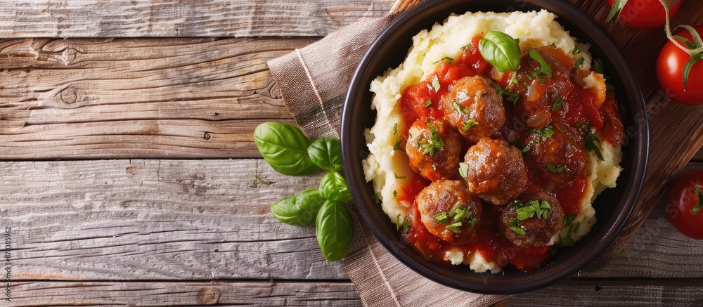 Poster A rustic wooden table presents a top view of homemade meatballs with tomato sauce and mashed potatoes, creating a traditional meal with a copy space image.