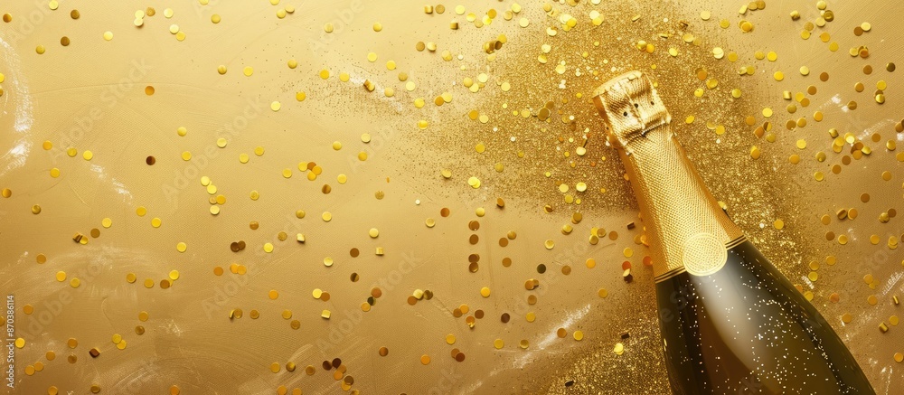 Aufkleber top view of a champagne bottle adorned with gold glitter, confetti, and ample copy space on a gold b