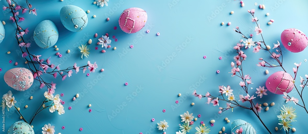 Poster easter holiday decorations arranged on a blue background create an easter-themed scene seen from abo