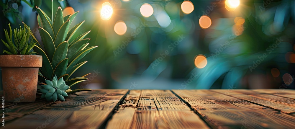 Poster A wooden table with Redbird Cactus leaves on top, creating a bokeh effect, ideal for product displays, featuring ample copy space in the image.