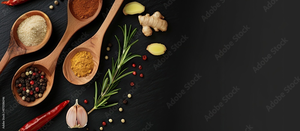 Poster top view of a black background with wooden spoons holding dry spices like ginger, rosemary, and chil