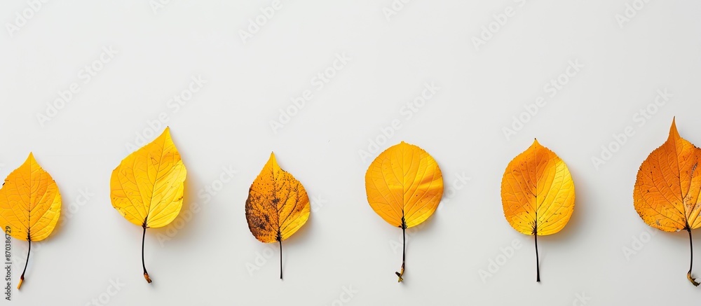 Poster White background with yellow autumn leaves arranged neatly for a minimalist style, featuring copy space image.
