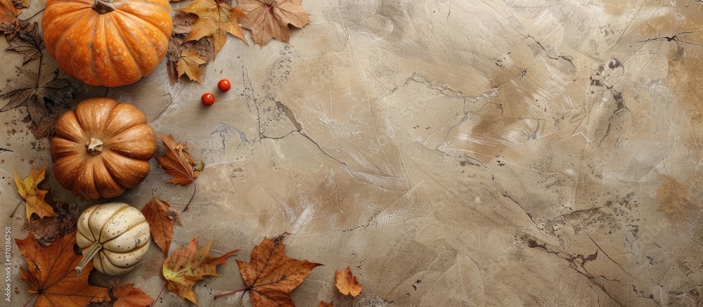 Poster autumn theme decor featuring pumpkin and autumn leaves on a stone backdrop. top view with ample copy
