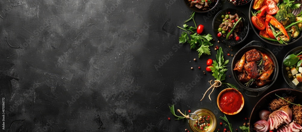 Poster Dark background showcases a variety of dishes in a panoramic view with ample copy space image.