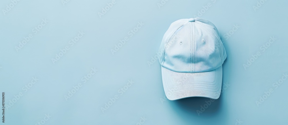 Aufkleber Top view of a baseball cap placed on a light blue surface with space available for text in the image. copy space available