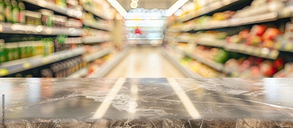 Poster marble top table with copy space image amid a blurred supermarket backdrop.