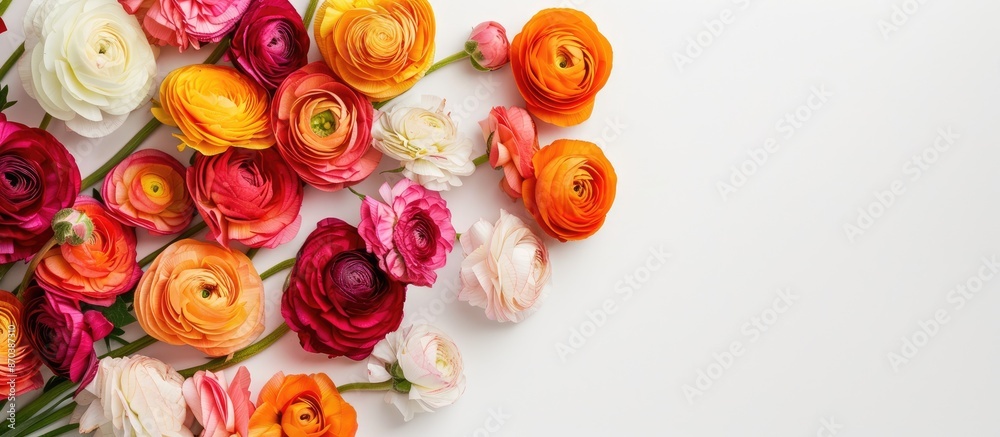 Poster a beautiful ranunculus bouquet displayed against a white backdrop with copy space image.