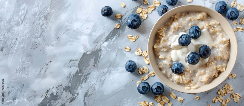 Poster Flat lay composition featuring delicious oatmeal topped with blueberries and yogurt on a marble surface with copy space image available.