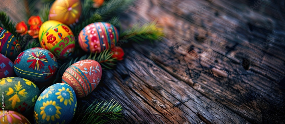 Aufkleber close-up view of easter decorations with painted eggs on a wooden table with copy space image.