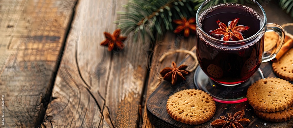 Poster Close-up image of a delicious mulled wine and cookie on a wooden table with copy space image available for text.