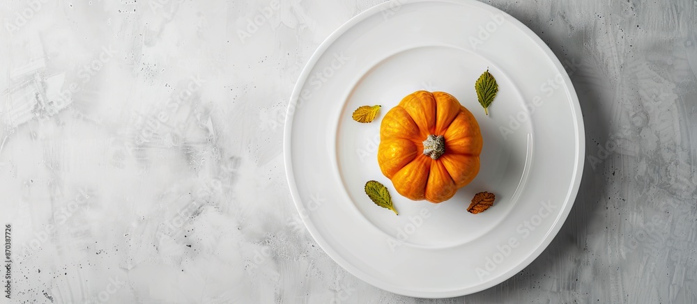 Poster pumpkin dish perfectly presented on a white plate with space for text or image. copy space available