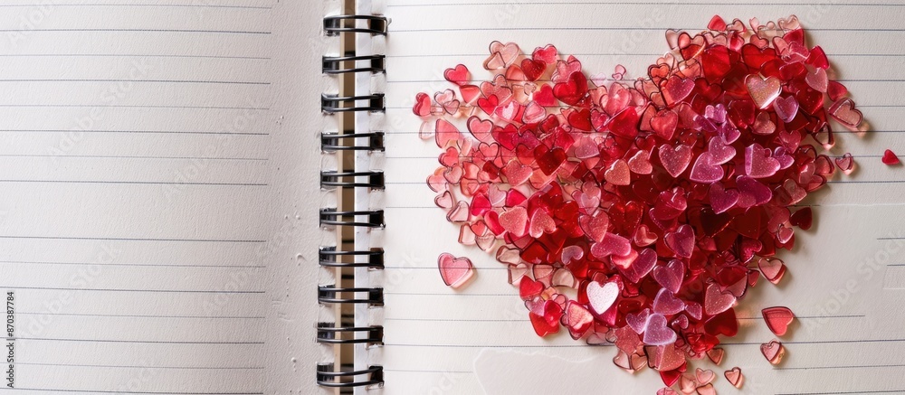Poster red and pink heart-shaped shards placed on a vintage notebook against a white background with a copy