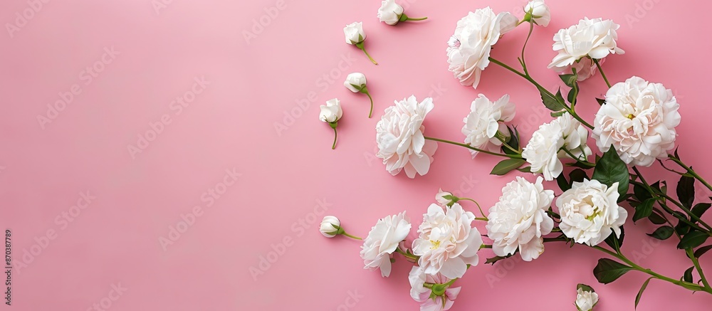 Aufkleber top-down view of a white flower bouquet against a pink backdrop with space for text or images, conve