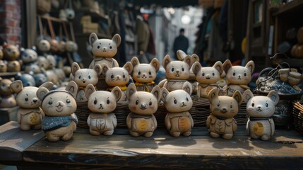 Obraz premium A display of adorable ceramic animal figures at a market stall