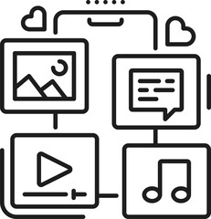 Fototapeta premium Content marketing and blogging line icon, vector social media. Mobile phone screen with video, music and image files, website article or post and social media reaction heart outline symbols