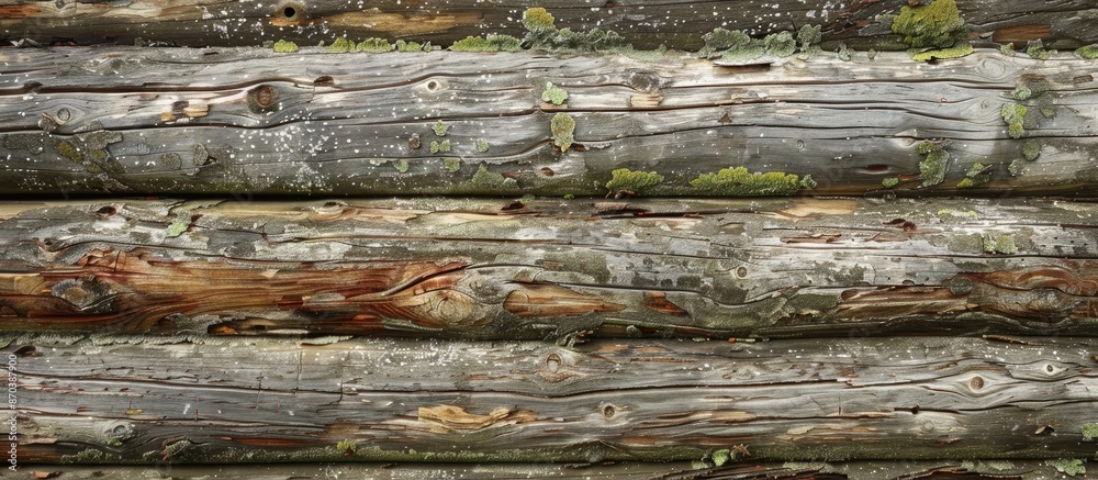 Poster Old weathered horizontal logs with knots and moss create a beautiful wooden background in a side view of an old wall, ideal for a copy space image.