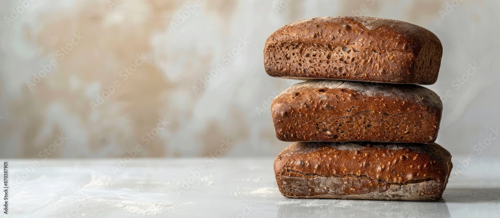Aufkleber Two rye bread loaves stacked on a table in a front view with copy space image.