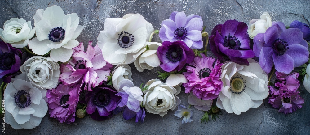 Poster an arrangement of anemones on a gray stone backdrop with white, purple, and violet blooms. includes 