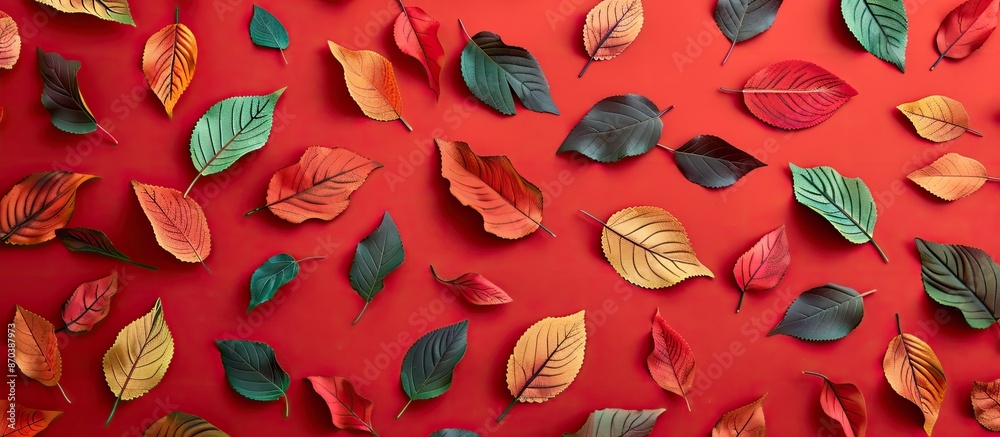 Poster Top view flat lay of colorful autumn leaves on a red background, creating an autumn-themed pattern with copy space image available.
