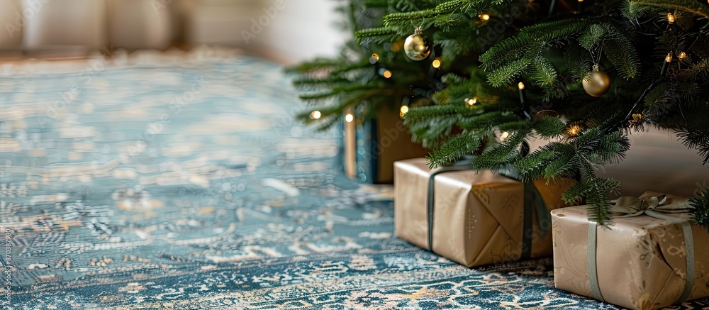 Poster Close-up view of a Christmas tree with presents on a carpet, featuring ample copy space for an image.