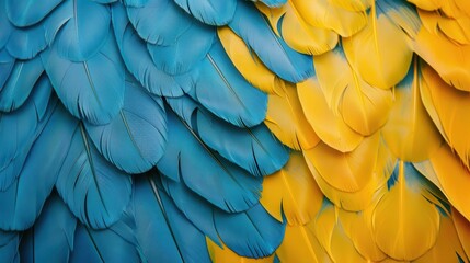 Fototapeta premium Vibrant array of macaw feathers in bright blues and yellows