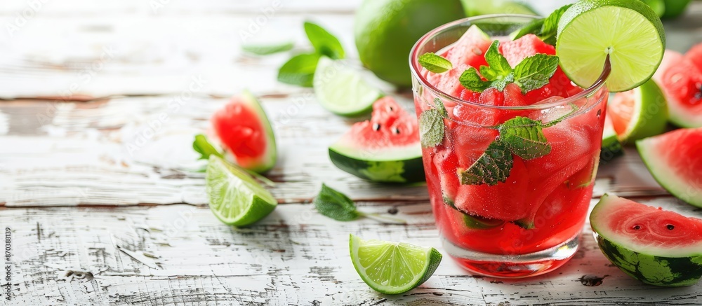 Poster refreshing summer beverage made with watermelon, mint, and lime on a rustic white wood surface, offe