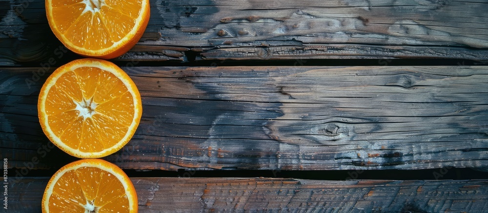 Poster Oranges cut in half displayed on a rustic wooden table with copy space image.