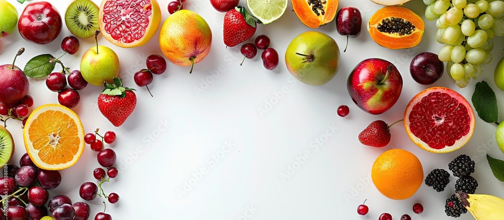 Poster various fresh and sweet fruits arranged in a circle on a white backdrop with copy space image, promo