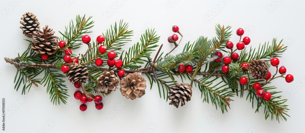 Poster top view of a festive new year's arrangement on a white background featuring evergreen branches, red
