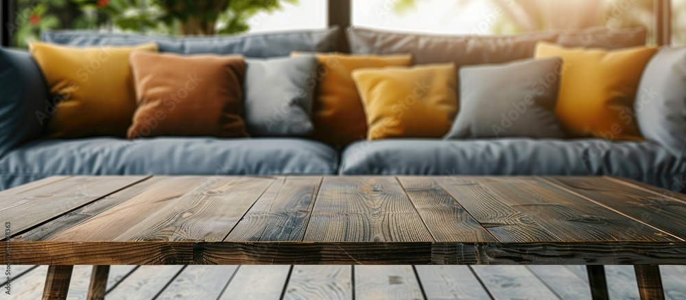 Poster Front view of an empty wooden table set against a blurred sofa with pillows in the background, creating a soft-focus effect, ideal as a template with copy space image.