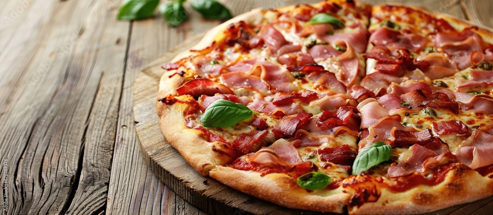 Aufkleber Delicious pizza topped with ham and bacon on a rustic wooden table with a copy space image.