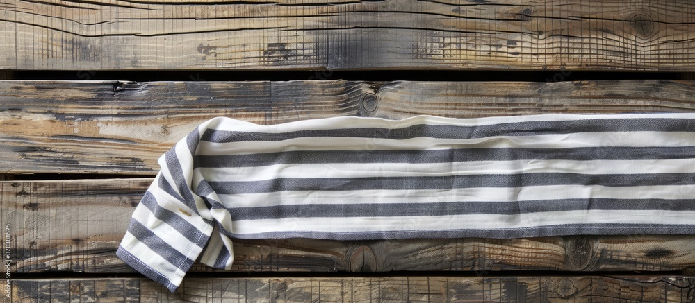 Poster top view of a striped napkin laid on a wooden surface with copy space image.