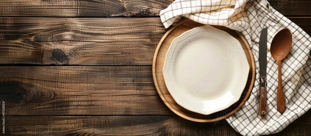 Poster top view of a wooden table set with an empty plate, fork, spoon, and tablecloth, creating a food dis
